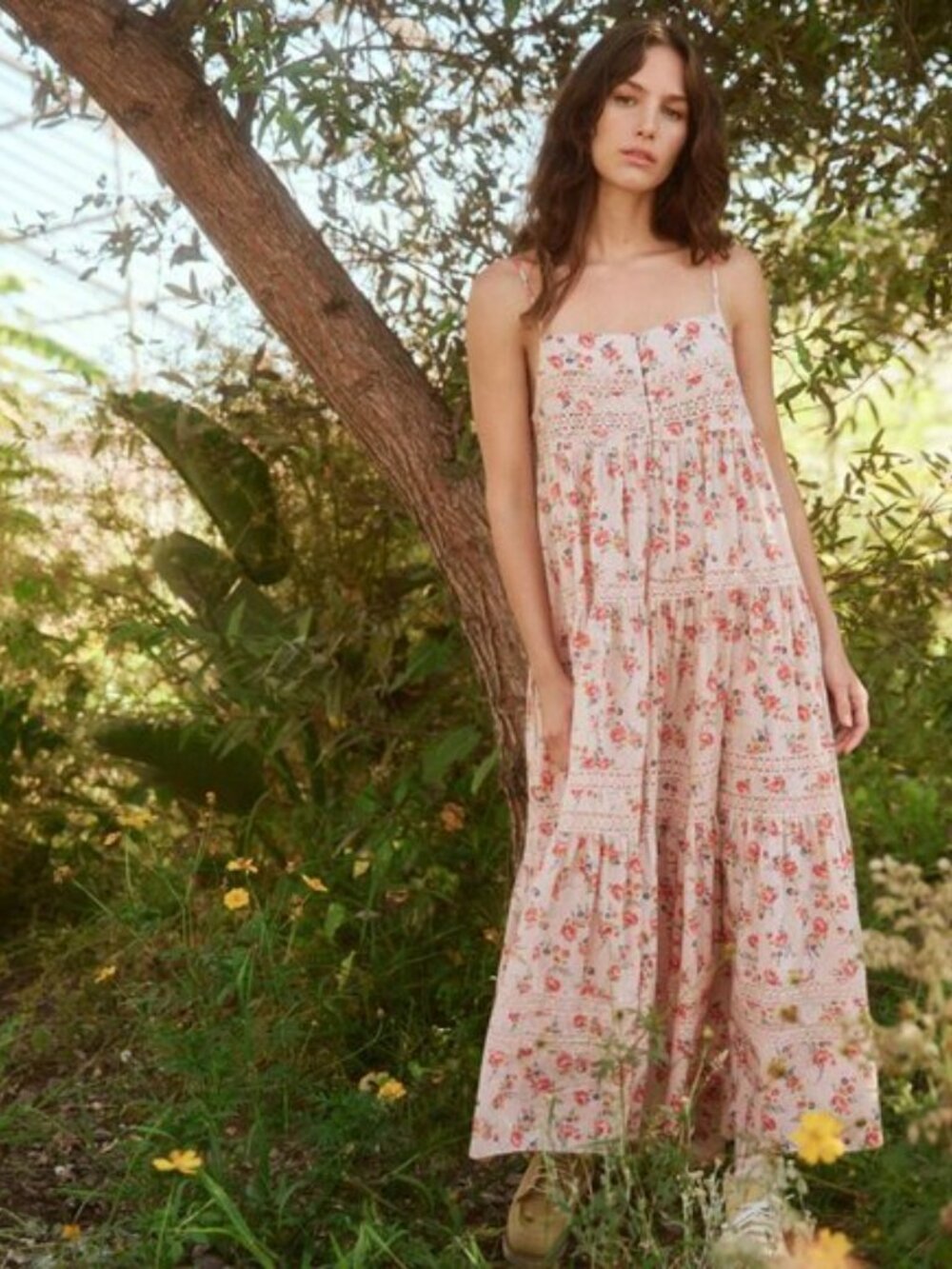 The Great. Serenade Maxi Sun Dress Pink Kerchief Rose Print Dainty Midi Sz S / 1
